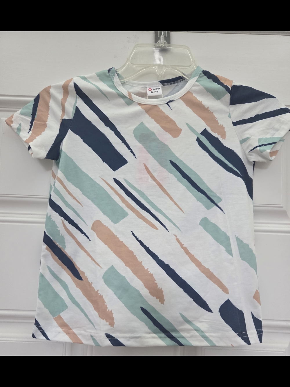PatPat Family Matching White Tee with Navy, Mint & Tan Abstract Stripes